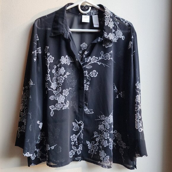 Emma James Black/White Semi-Sheer Floral Button Down Blouse Size 18 - Picture 1 of 14